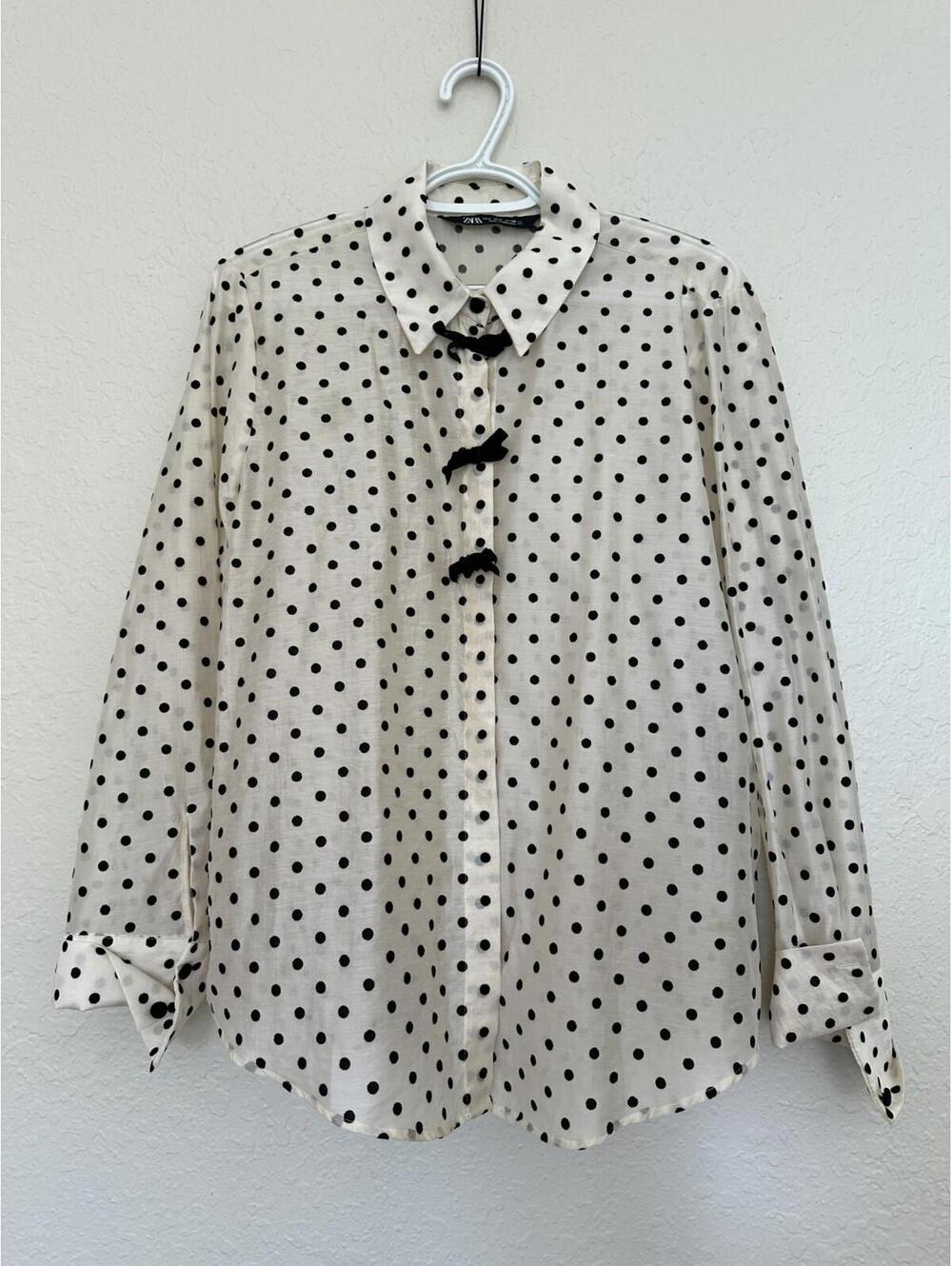 Zara Womens Collared Polka Dot Long Sleeve Button Up Blouse White Size Large